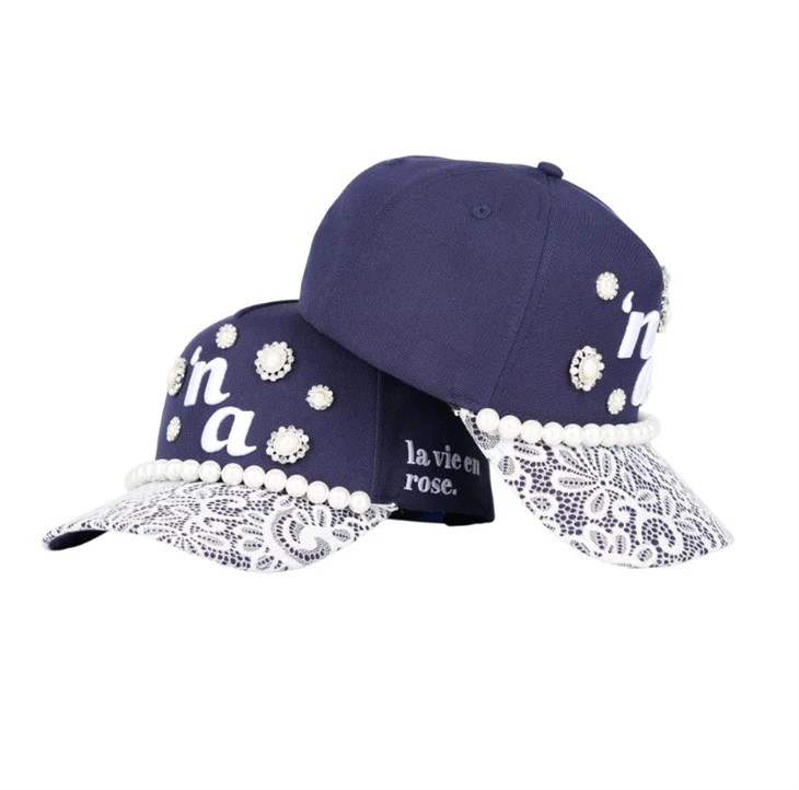 TCAP China 5 Panel Wool Blend Lace Hat Exquisite Pearl Chain Baseball Hat suppliers